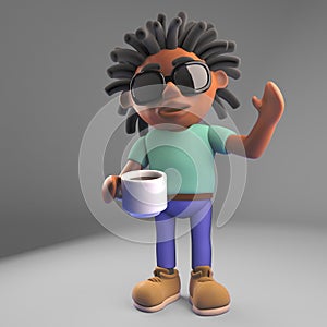 Thirsty black man with dreadlocks drinking coffee from a cup, 3d illustration