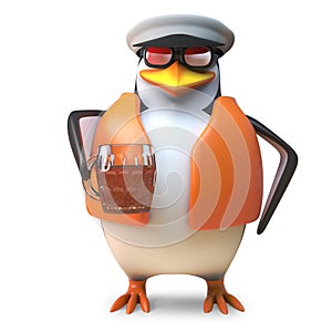 Thirsty captain penguin sailor in nautical outfit drinking a pint of beer, 3d illustration