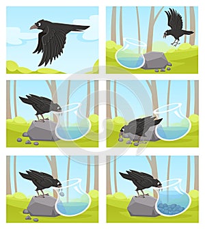 Thirsty crow. Tale of smart black crow and jug of water. Clever bird throws stones into jug to drink cartoon vector