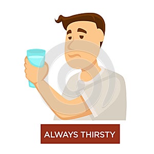 Always thirsty diabetes symptom dehydration isolated character with water cup