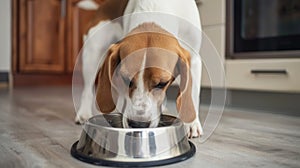 Thirsty Dog Drinking Water from Kitchen Bowl.