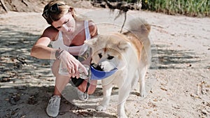 Thirsty dog drinking water from the plastic bottle in owner hands