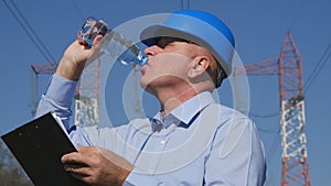 Thirsty Engineer Electrician Work and Drink Fresh Water