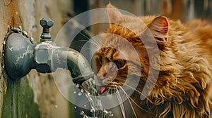 Thirsty ginger cat drinking water from a tap outdoors. Close-up of feline quenching thirst. Domestic animal's daily