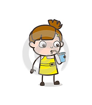 Thirsty Kid Drinking Cold Drink - Cute Cartoon Girl Vector