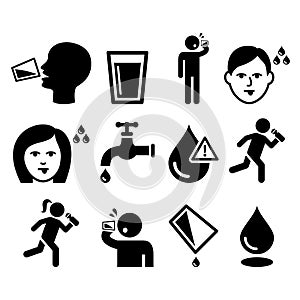 Thirsty man, dry mouth, thirst, people drinking water icons set