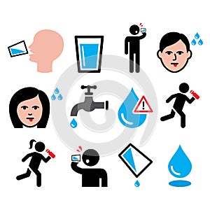 Thirsty man, dry mouth, thirst, people drinking water icons set photo