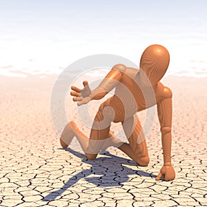 Thirsty man, figure in desert begging for water