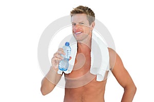 Thirsty man holding a bottle of water