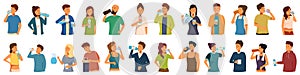 Thirsty people drinking icons set cartoon vector. Bottle glass filter