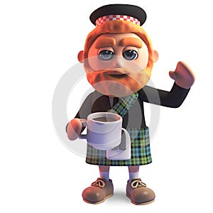 Thirsty Scottish man in kilt drinking a cup of tea, 3d illustration