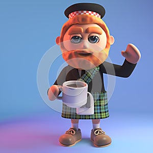 Thirsty Scottish man in kilt drinks a cup of tea, 3d illustration