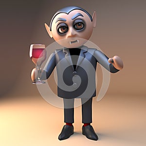 Thirsty vampire dracula monster in 3d drinking a delicious red wine from a wine glass, 3d illustration