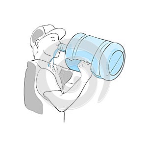 Thirsty young man drinking water from a large bottle. Vector illustration