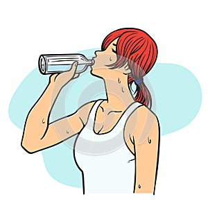 Thirsty young woman drinking water from bottle vector