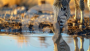 Thirsty Zebra Drinking at Sunset with Reflection