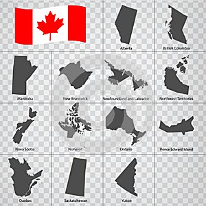 Thirteen Maps  Provinces of Canada - alphabetical order with name. Every single map of  Province are listed and isolated with word photo