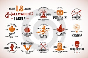 Thirteen Spooky Vintage Halloween Vector Badges, Labels or Logo Templates. Pumpkin, Ghost, Skull, Bones, Bats and Other