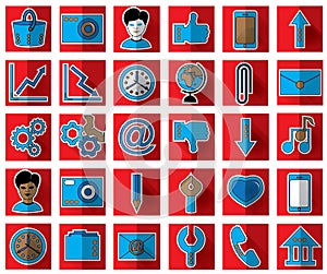 Thirty blue favicon flat icons on a red background for site