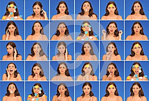 Thirty different beautiful woman expressions