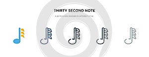 Thirty second note icon in different style vector illustration. two colored and black thirty second note vector icons designed in