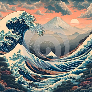 The thirty six view of mount fuji, with the great waves of hokusai style, acrylic art prints, orange sky, sun, painting photo