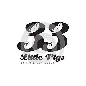 Thirty-three Little Pigs - Logo. Logotype with number 33, pig faces and perky tails