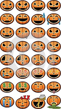 Thirty-two Halloween Emoji pumpkin jackolantern icons for social media