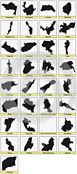 Thirtythree black maps of the Departments of Colombia photo