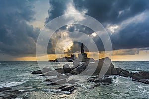 Thiruvalluvar Statue with Rocks and boulders in foreground