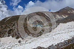 Thokla (Thok La) lodges with blue sky and clouds, Everest Base Camp trek, Nepal