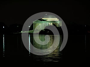 Thomas Jefferson Memorial building reflected in the Potomac River at night