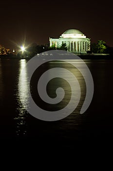 Thomas Jefferson Memorial reflected at night.