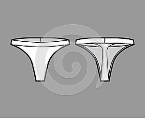 Thong underwear technical fashion illustration with elastic waistband, narrow strip. Flat tanga Underpants lingerie