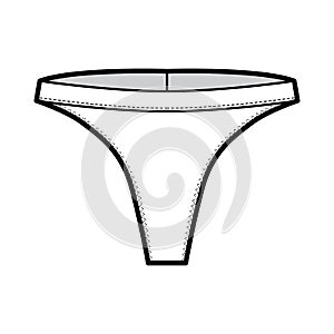 Thong underwear technical fashion illustration with elastic waistband, narrow strip. Flat tanga Underpants lingerie