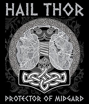 Thor s hammer - Mjollnir. Against the backdrop of the glittering lightning and the Scandinavian ornament