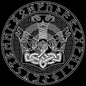 Thor s hammer - Mjollnir, Scandinavian runes ornament and two wolfs