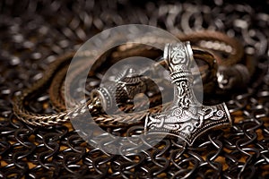 Thor`s silver Hammer pendant on the chain, steel chain mail and Viking helmet. Handmade. Mjolnir. Viking`s symbol photo