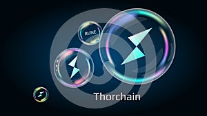 Thorchain RUNE token symbol in soap bubble, coin DeFi project decentralized finance.