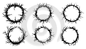 Thorn round frame set, vector gothic tattoo circle border black and white illustration. Vintage element decorative celtic and