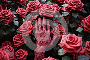 Thorny Roses bush hands. Generate Ai