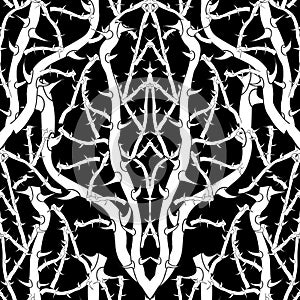 Thorny vector seamless pattern. Prickly intricate black and whit