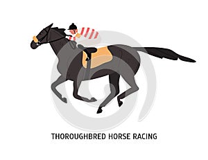 Thoroughbred horse racing flat vector illustration. Sportsman riding on hoss cartoon character. Sport competition