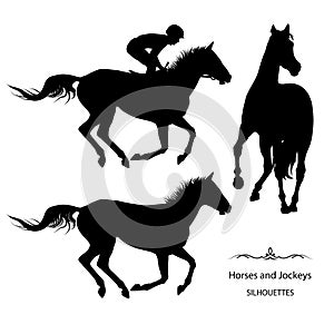 thoroughbred racehorse with jockey, black silhouette on white background