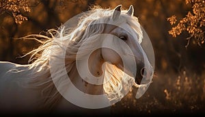 Thoroughbred stallion grazes in tranquil meadow sunset generated by AI
