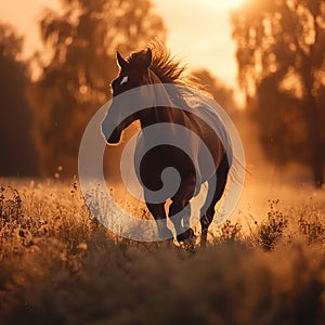 Thoroughbred stallion runs free in a beautiful rural meadow at sunset