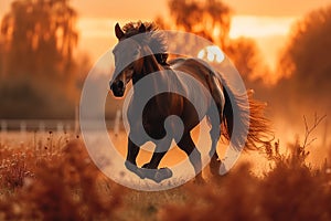 Thoroughbred stallion runs free in a beautiful rural meadow at sunset