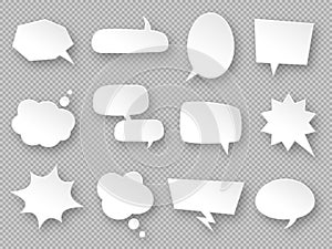 Thought balloons. Paper speech bubbles, white communication messages clouds, dream tag, discussion labels, blank dialog