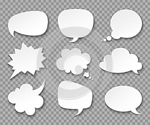 Thought balloons. Paper white speech clouds. Thinking bubbles retro 3d vector set