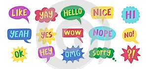 Thought bubbles handwritten words expressions, comic chat stickers collection. Speech clouds set. Funky typography